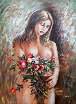 2215-T3 | 90cm x 60cm | femme nu tenant des fleurs 